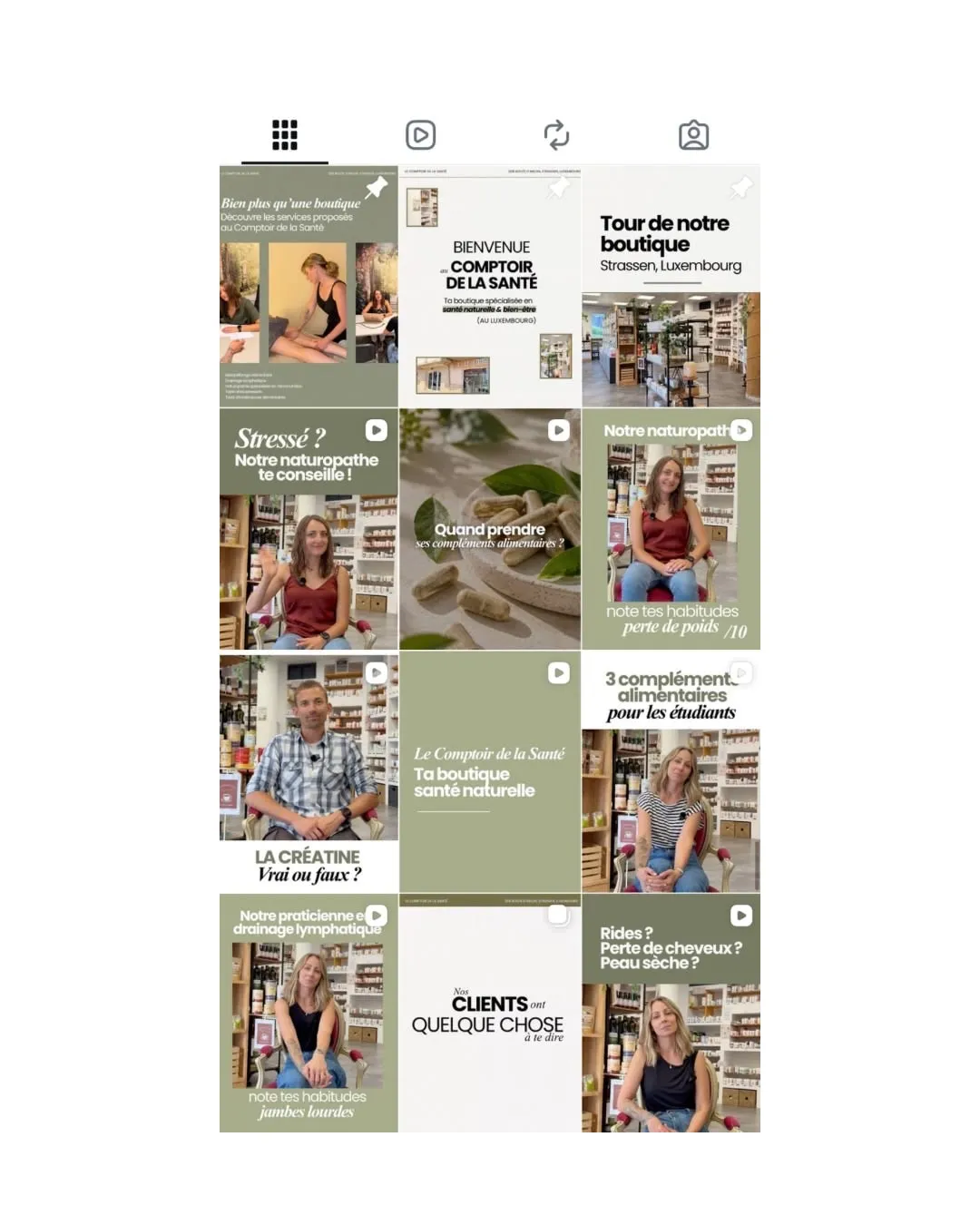 Feed Instagram du Comptoir de la Santé après l’accompagnement Studio Fanny — portraits de l’équipe, boutique et conseils