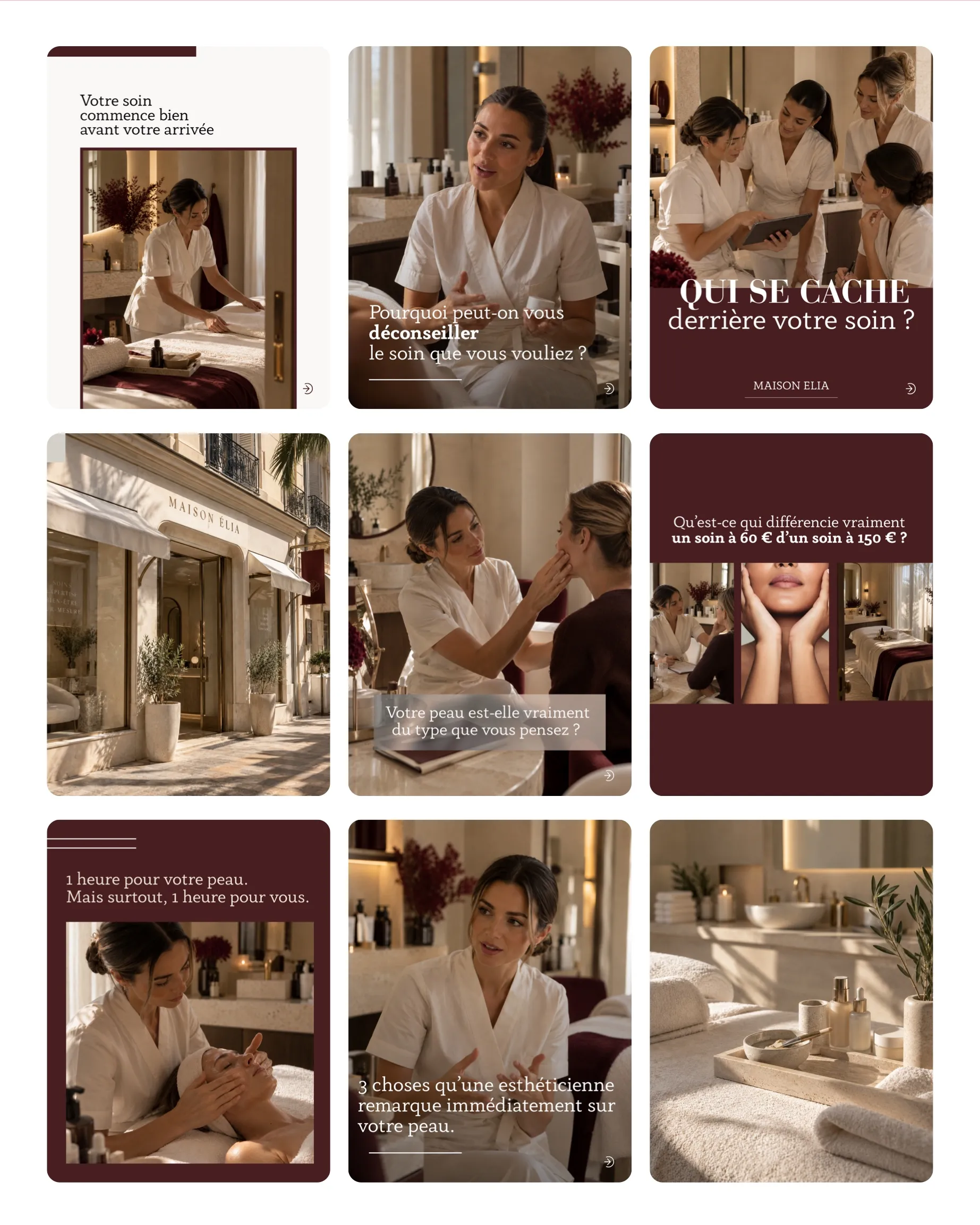 Concept créatif Studio Fanny — feed Instagram final imaginé pour Maison Élia, institut esthétique premium (page 7 de la stratégie)
