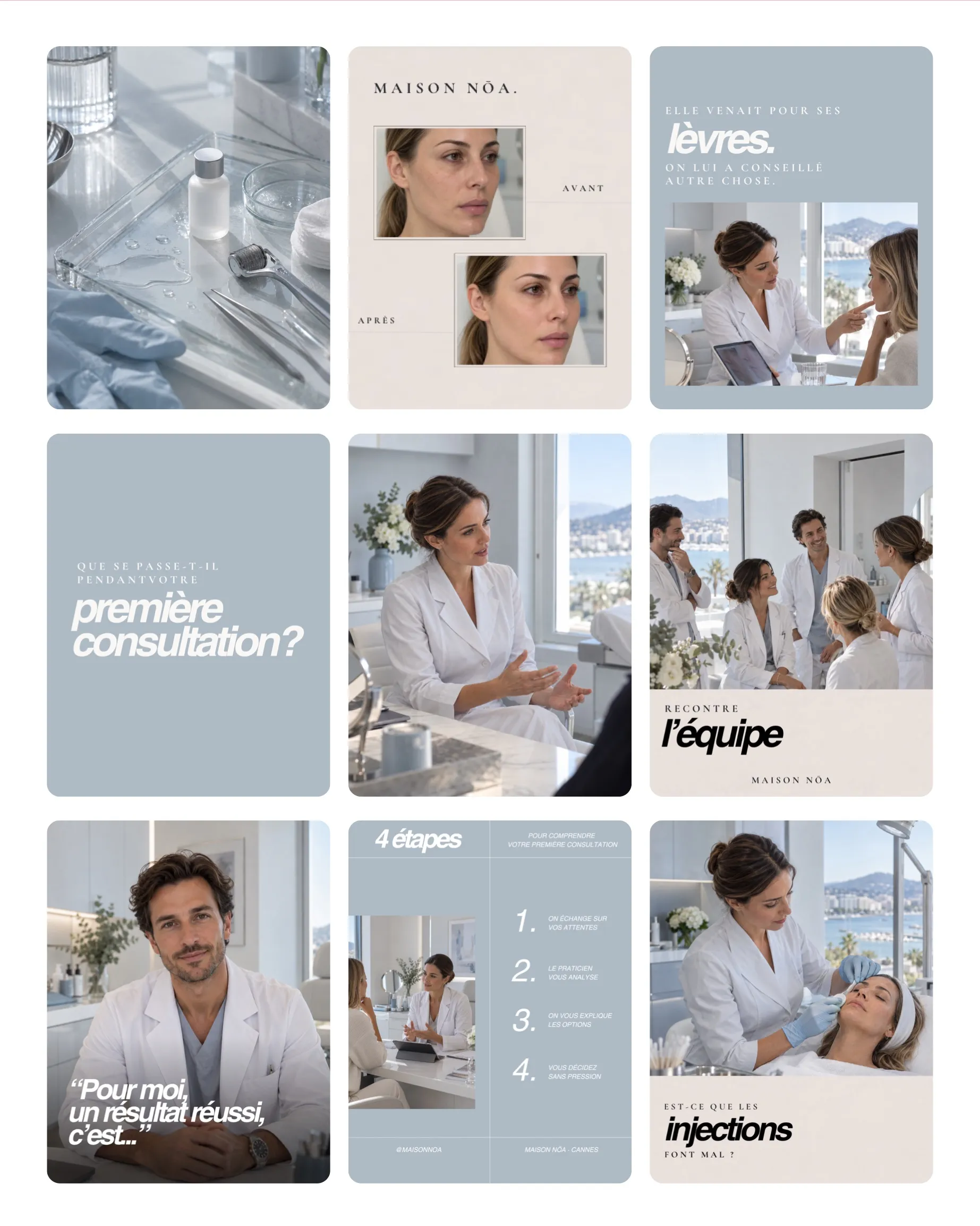 Concept créatif Studio Fanny — feed Instagram final imaginé pour Maison Nōa, cabinet de médecine esthétique (page 8 de la stratégie)