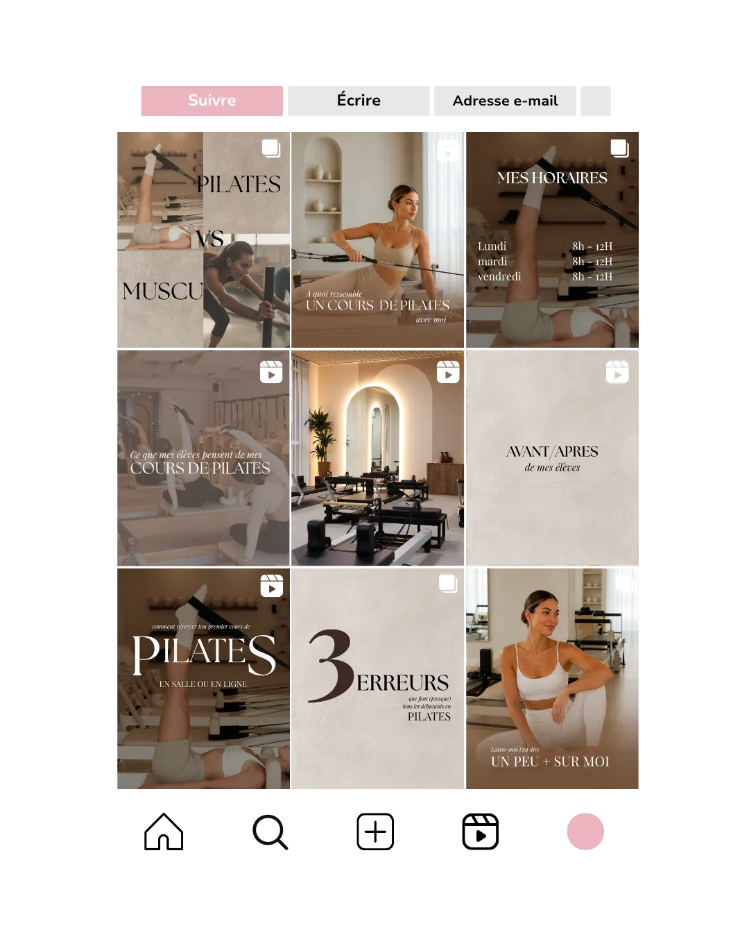 Concept créatif Studio Fanny — feed Instagram imaginé pour un studio de Pilates