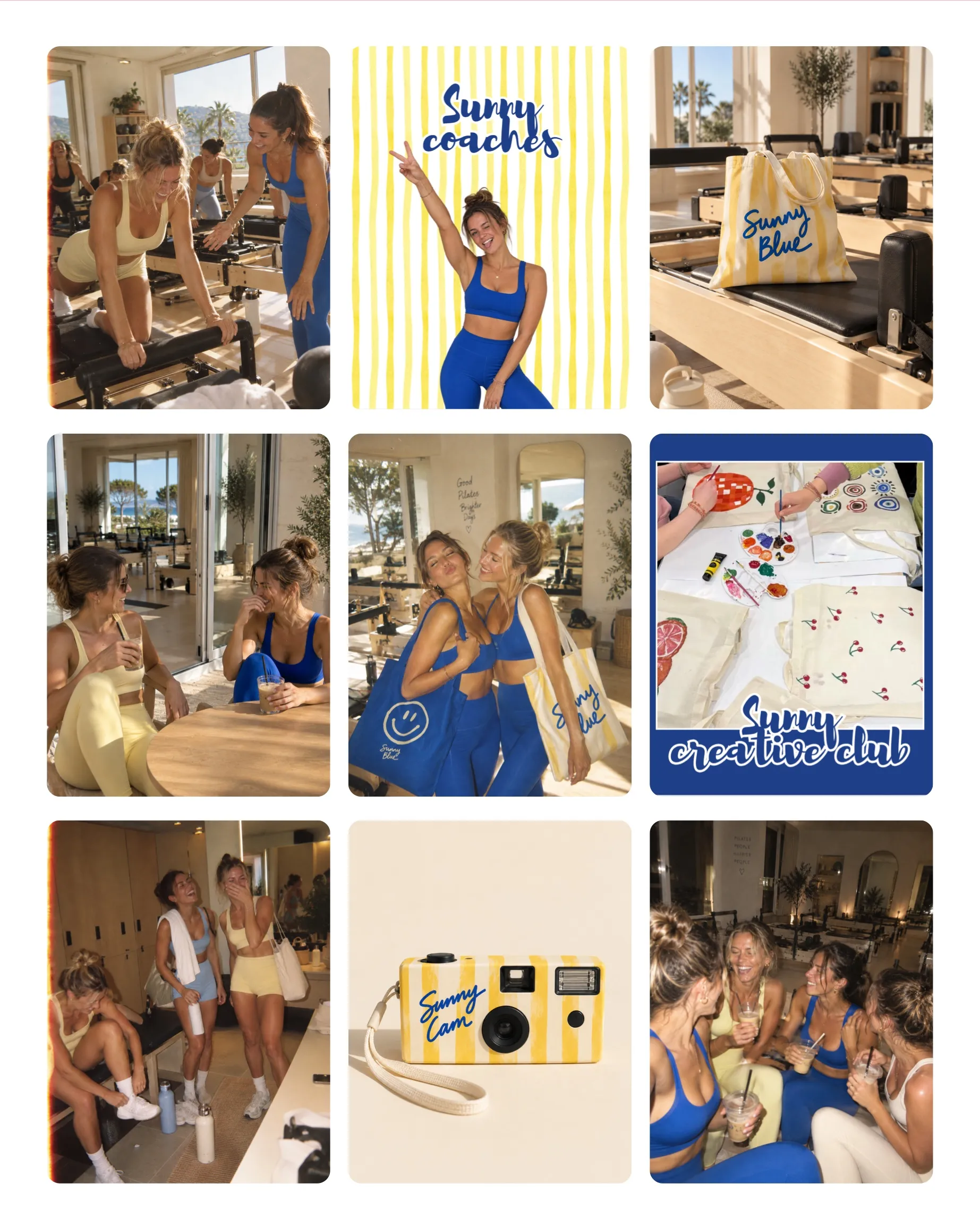 Concept créatif Studio Fanny — feed Instagram final imaginé pour Sunny Blue, studio de Pilates (page 8 de la stratégie)