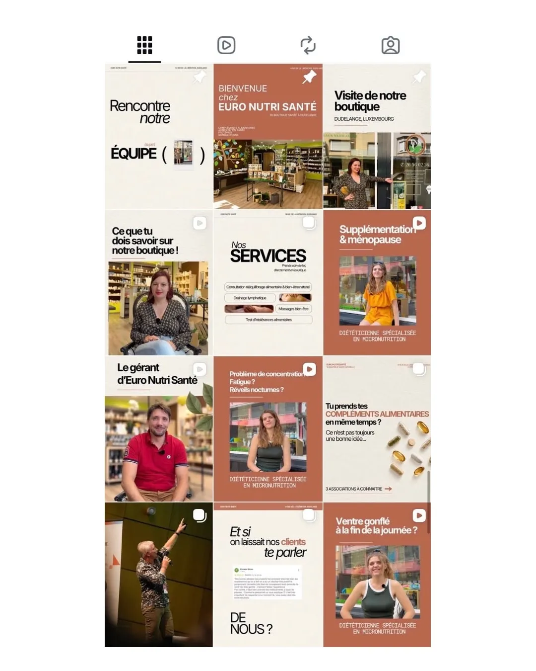 Feed Instagram d’Euro Nutri Santé après l’accompagnement Studio Fanny — équipe, boutique, services et conseils